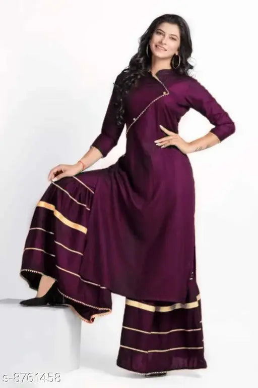 Burgundy rayon long kurta set with churidar pants, front lacing detail, traditional Indian women's outfit
