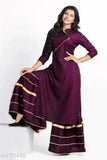 Burgundy rayon long kurta set with churidar pants, front lacing detail, traditional Indian women's outfit