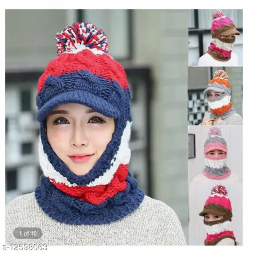 Women's winter knit pom pom hat with infinity scarf, black and grey