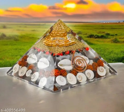 Crystal Shree Yantra Gomti Chakra Pyramid, authentic Vastu item with Rudraksha, Chirmi & Kaudi Shells for meditation, Feng Shui, or decor. Size 85-95mm. Handmade in India