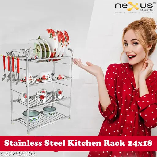 Modern stainless steel kitchen dish rack, 4 shelf, 24x18 inch