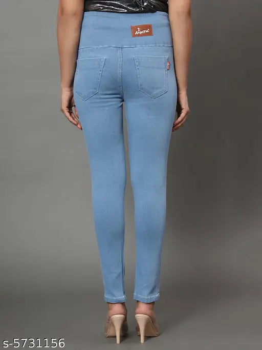 Skyblue denim jeggings for women, high waist stretchable and elastic skinny fit, solid pattern on ankle length