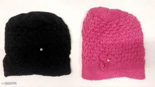 Black knit beanie, pink crochet hat, black stocking cap with emblem