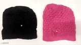 Black knit beanie, pink crochet hat, black stocking cap with emblem