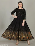 Rayon three-quarter sleeve printed gown, attractive stitched embroidered design, made in India