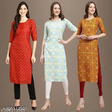 Best selling crepe women's kurtis pack of 3, printed combo with three-quarter sleeves, S, M, L sizes (S: 36in bust, 44in length; M: 38in bust, 45in length; L: 40in bust, 44in length)