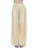 Women's rayon yellow palazzo kurta set with three-quarter sleeves, printed net pattern on display