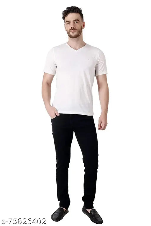 Mens slim fit denim jeans, stretchable fabric, midrise design, black color - modern casual wear essential