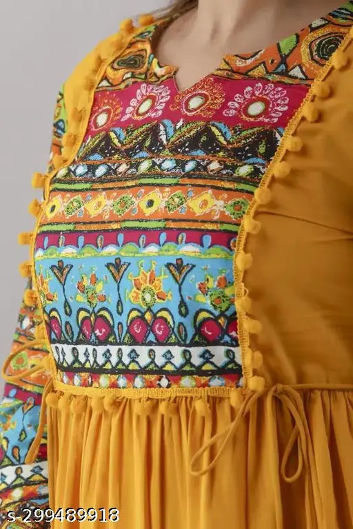 Women's rayon printed Anarkali kurtis, three-quarter sleeve, vibrant Indian print, various sizes available