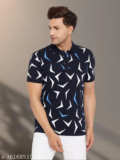 Navy Blue Wild West Men's Cotton Colorblocked Half Sleeve T-Shirt, all over printed design for summer style