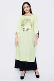 A woman in a long, embroidered kurta with a floral pattern and a straight neckline
