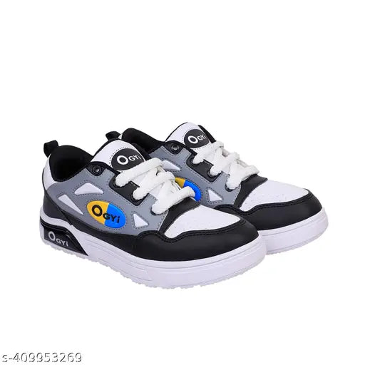 Black and white kids shoe with Velcro closure