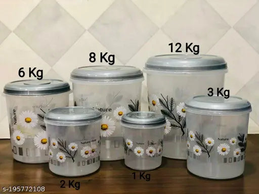 Set of 6 Veksin grey plastic containers with designs and weight capacities ranging from 1KG to 12KG