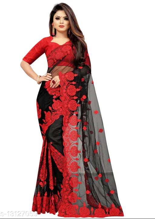 Embroidered net saree with solid satin running blouse, Kashvi Drishya Indian free size