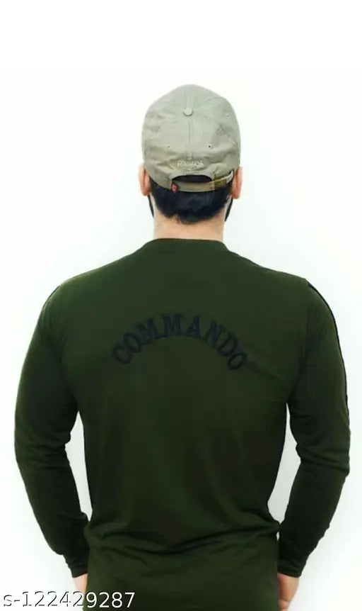 Army green cotton blend long sleeves commando t-shirt for men's sport and casual wear, suitable for fitness activities and everyday occasions. Made in India