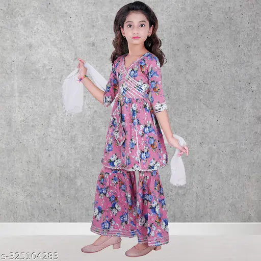 Dupion silk printed kurta sharara set with dupatta for girls, lace embellished & comfortable in any season