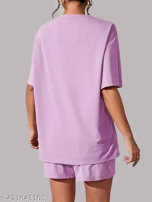 Lavender pure cotton printed nightsuit set: top & shorts, half sleeve, versatile sleepwear (India)