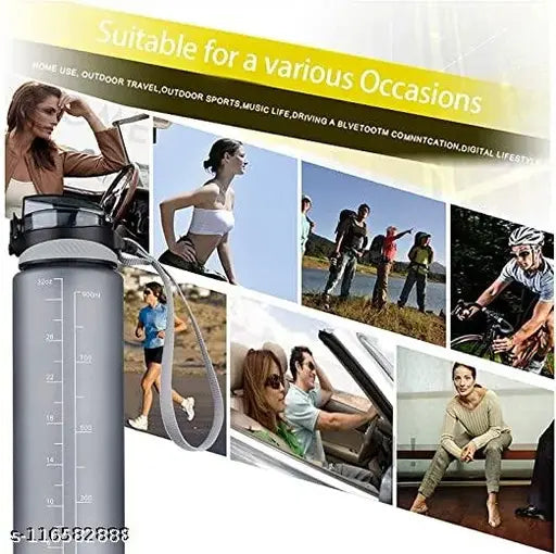 Black BPA-free 1L sports water bottle with time markings, ideal for office, sports, school, gym, yoga. Leakproof and easy-to-use with convenient straw and one-click open design. Perfect for outdoor activities like running or hiking. Made in India