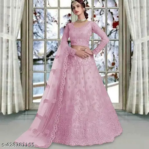 Indian semi-stitched net lehenga choli & dupatta set, embroidered with intricate designs, suitable for size 42