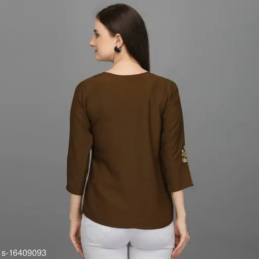 Green embroidered western top, polyester with three-quarter sleeves, Prettify Trendy Women's size S-XXL. Indian-made embroidered net top on model