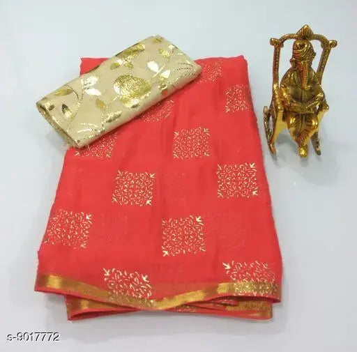 Chiffon Jivika Superior saree with foil printed net blouse, Indian handcrafted embellished saree