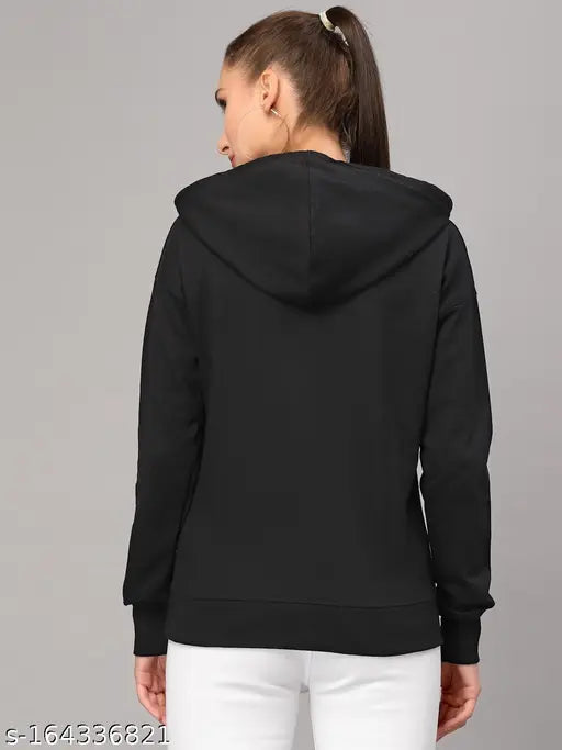 Black cotton printed hooded sweatshirt for women, full sleeves, regular fit, typography design, ideal wardrobe addition