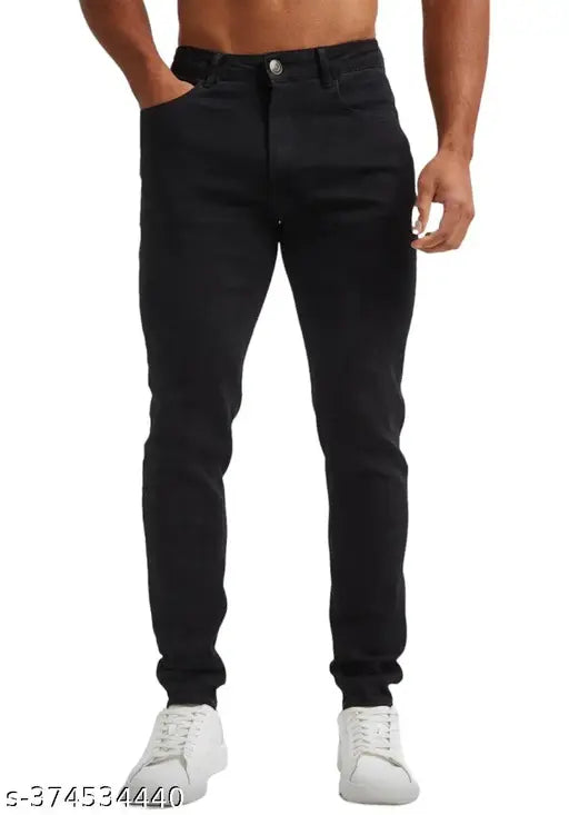 Premium black denim jeans with stretch for men, featuring durable stitching, practical pockets, and comfortable fit. Black color suitable for versatile styling options