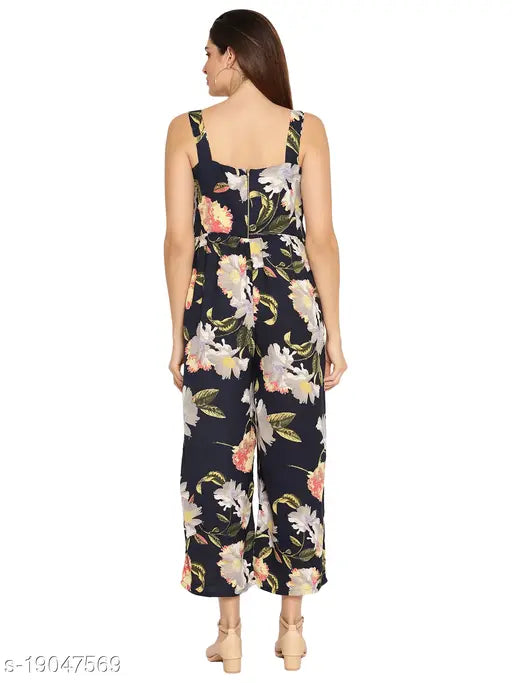 Navy blue georgette sleeveless jumpsuit with floral print, Ruhaan's Women's Summercool style for warm weather fashion