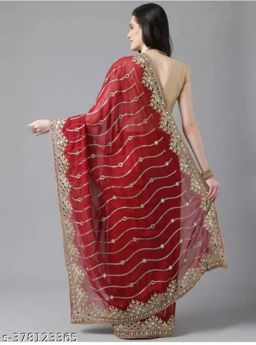 Mirror embroidery red saree with intricate design, sleeveless, floor length