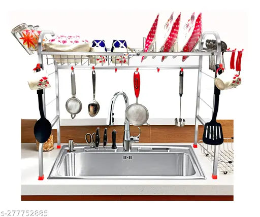 Stainless steel over-sink dish drying rack with plate and cutlery holder, kitchen utensil rack, space-saving dishwasher rack for plates and silverware