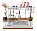 Stainless steel over-sink dish drying rack with plate and cutlery holder, kitchen utensil rack, space-saving dishwasher rack for plates and silverware