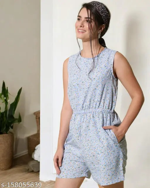 Sleeveless crepe jumpsuit with pockets, printed floral pattern for women's casual summer wear. Size L, made in India