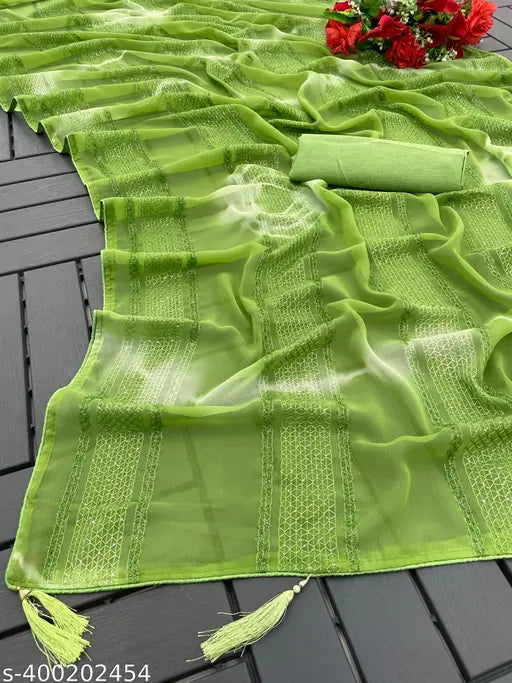 Green satin saree on display