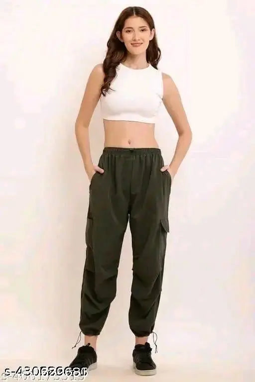 Black cotton cargo pants women's joggers stretchable waistband loose fit wide leg