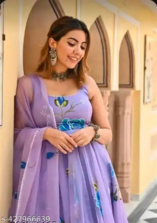 Printed Georgette Anarkali gown with dupatta, vibrant floral design, Nack line embroidery, length 52 inches, size L