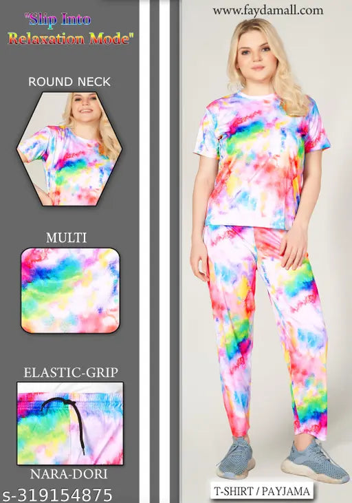 Women's printed polyester night suit set - comfortable t-shirt & pyjamas in 4 sizes, featuring short sleeves and a round neck design