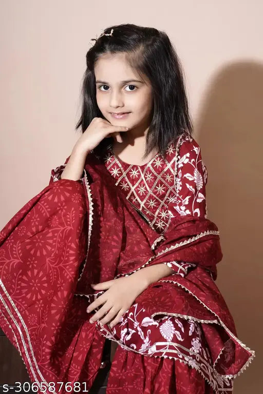 Girls' rayon printed anarkali sharara set with embroidered three-quarter sleeves, vibrant Indian fashion for young girls