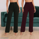 Black cotton blend palazzo trousers combo pack (2 pairs), high-rise, versatile zipper fly closure, suitable for office wear