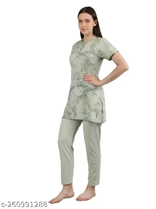 Duchess Women's Cotton Long-Length Printed Night Suit Set - Comfortable, easy-wash poly-cotton fabric, features short sleeves and side pockets