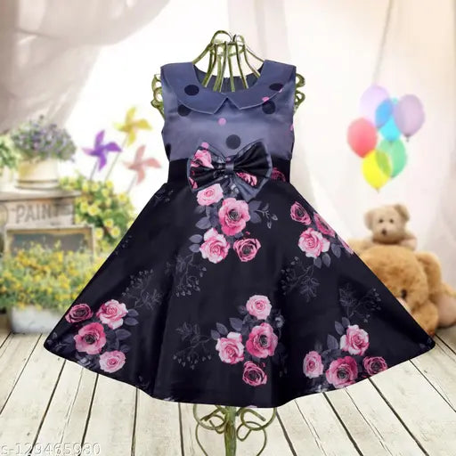 A dark blue floral sleeveless party dress with a bow tie, suitable for birthdays and marriage parties