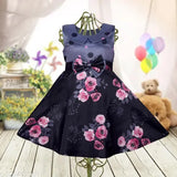 A dark blue floral sleeveless party dress with a bow tie, suitable for birthdays and marriage parties