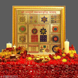 24k gold-plated, Indian-made Vastu Yantra wall hanging for home office or worship, measures 26x26cm with wooden frame and metal hanger