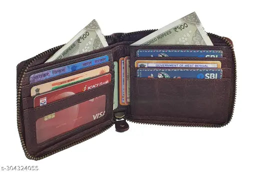 High-quality brown top grain leather bifold wallet (11x9x1.5cm, 90-100g), RFID protected, features 11 card slots, 2 currency compartments, ID window, hidden credit card slot, and a slim design for daily essentials. Made in India