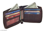 High-quality brown top grain leather bifold wallet (11x9x1.5cm, 90-100g), RFID protected, features 11 card slots, 2 currency compartments, ID window, hidden credit card slot, and a slim design for daily essentials. Made in India