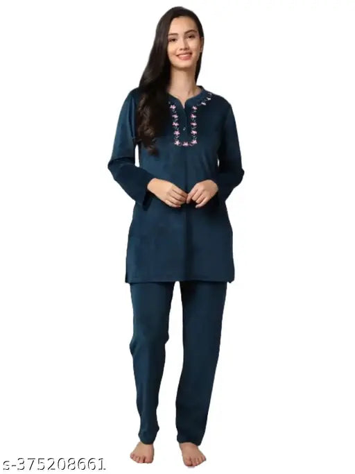 Velvet embroidered winter pajama set, full sleeves V-neck tunic shirt and pants coord set for women, printed fleece, high-low design by Elendra