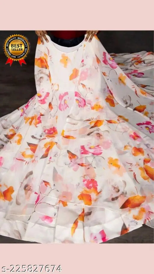 Printed Georgette, three-quarter sleeve RK 7 Ready-to-Wear gown with dupatta, XS to XXL sizes available