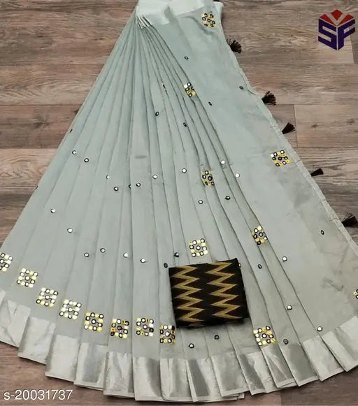 Gray saree with beaded trim, gold accents