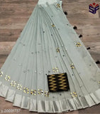 Gray saree with beaded trim, gold accents