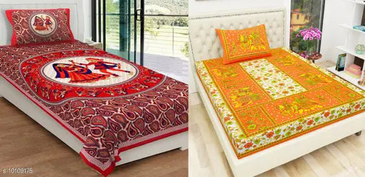 Cotton botanical print flat sheets set - R dandiya & orange Gangaur, ideal for summer adult use, 2 pillow covers