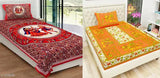 Cotton botanical print flat sheets set - R dandiya & orange Gangaur, ideal for summer adult use, 2 pillow covers